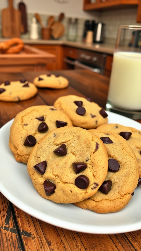 A plate of golden brown vegan gluten-free chocolate chip cookies with dark chocolate chips, next to a glass of almond milk.